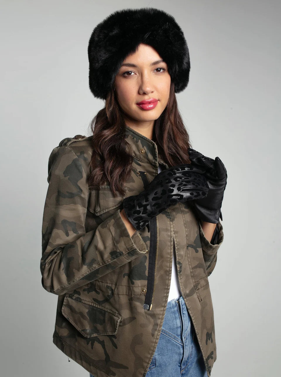 Nooki Felicity Leopard Flocked Leather Gloves-Black