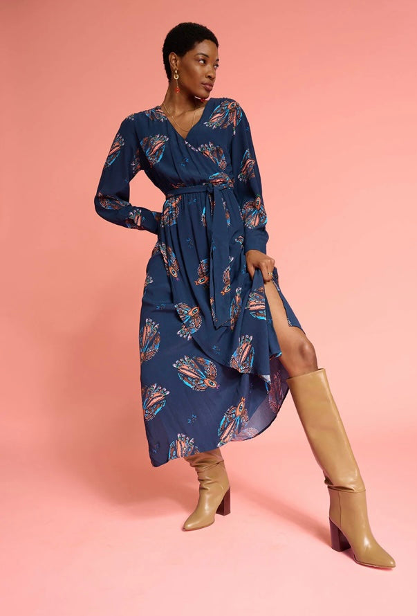 POM Dress- Leah Mythical Birds Blue